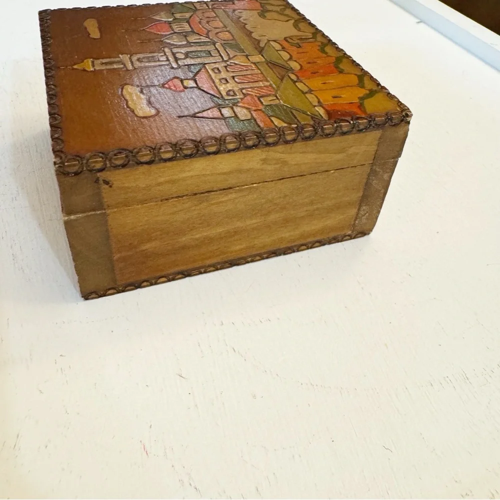 Russian Wood Box Town Scene done in Pyrography Vintage